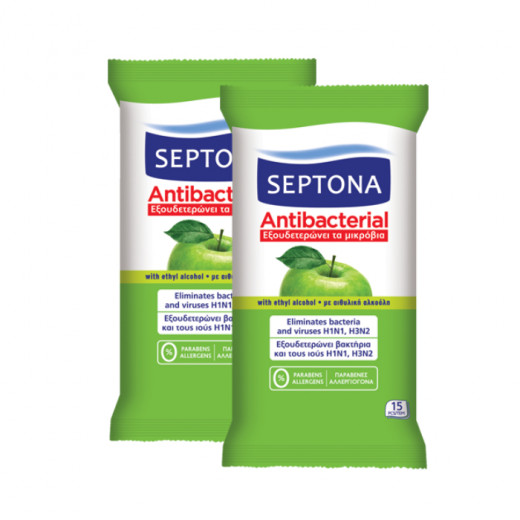 Septona Antibacterial Hand Wipes with Green Apple Fragrance, 15 Pieces X2 Packs