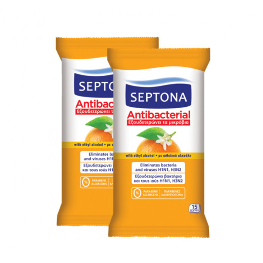 Septona Antibacterial Hand Wipes with Orange Blossom Fragrance, 15 Pieces X2 Packs