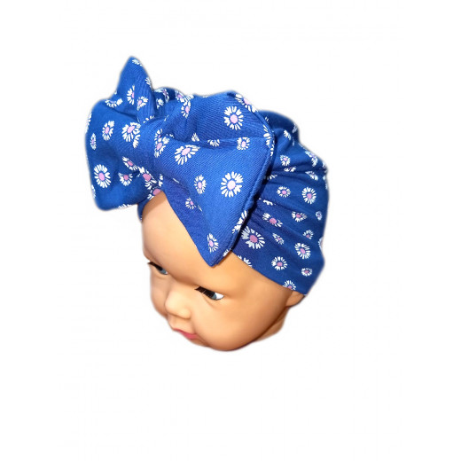 Baby Turban Headband, Navy Blue with White Flowers