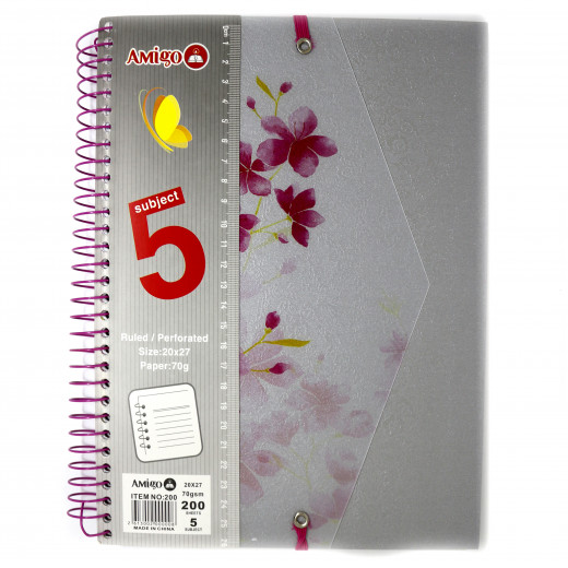 Amigo flower Wire Notebook, Grey, 200 pages, 5 Subjects