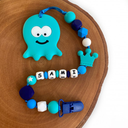 Munch Monsters Personalized Pacifier & Teether Clip, Turquoise Octopus