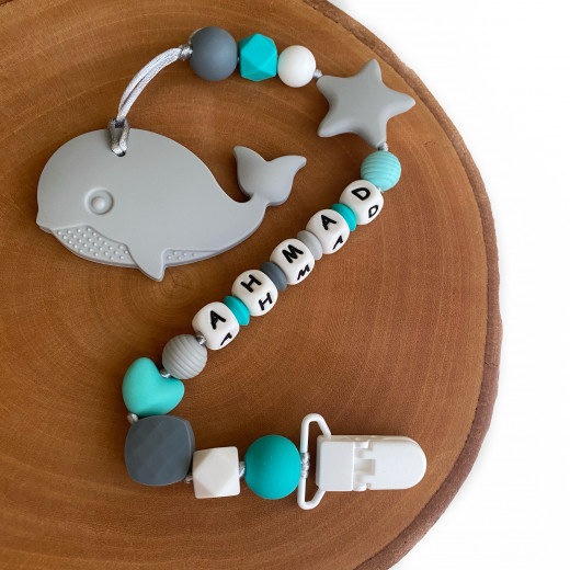 Munch Monsters Personalized Pacifier & Teether Clip, Grey Whale