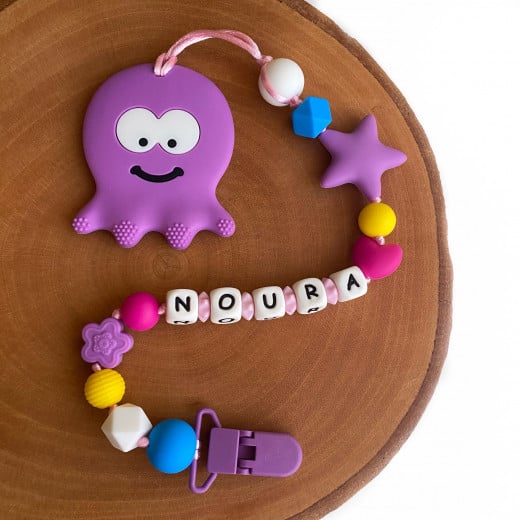 Munch Monsters Personalized Pacifier & Teether Clip, Purple Octopus