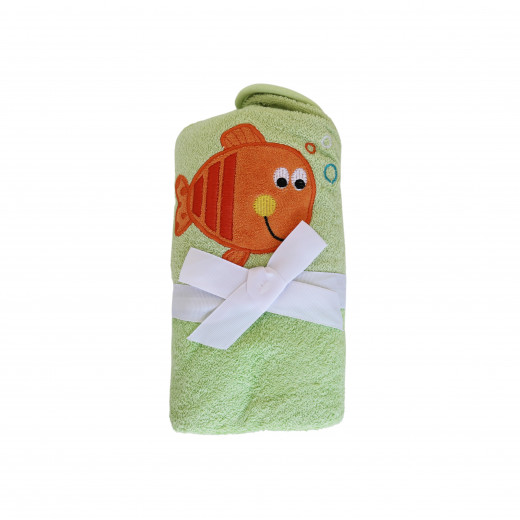Green Hooded Towel with Orange Fish Design