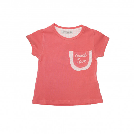 Peach Short Sleeves Girls T-shirt with Sweet Love Design, 12 Months