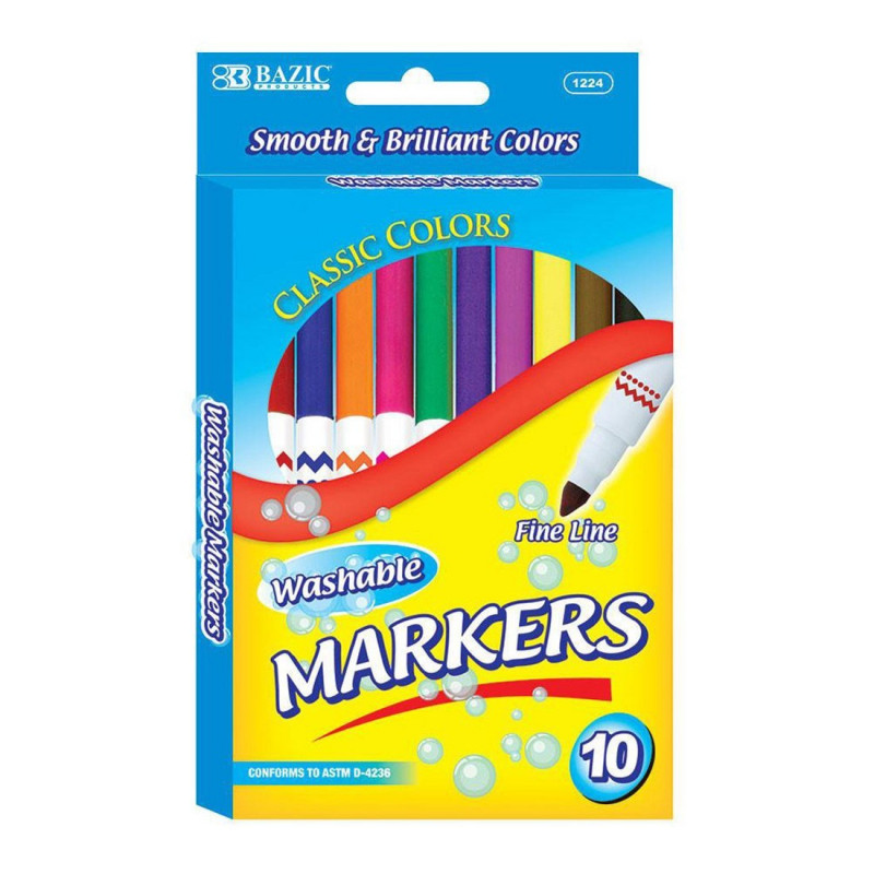 Bazic 10 Colors Felt Tip Washable Markers