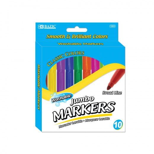 Bazic 10 Classic Colors Broad Line Jumbo Washable Markers