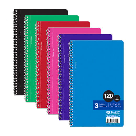 Bazic Wide Ruled 3 Subject Spiral Notebook, 150 Pages, 1 Piece