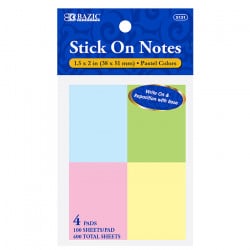 Bazic Stick On Notes ,100 Paper, 4/Pack