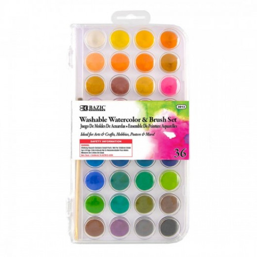 Bazic Washable Watercolor With Brush Set 36 Pieces