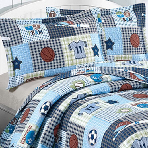 Nova Home Sports Design Bed Spread Set, 4 Pieces, King Size, Grey and Blue Color