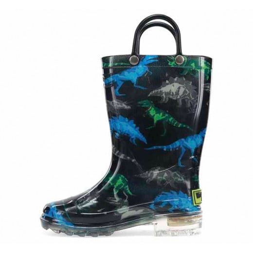 Western Chief Kids Dinosaur Friends Lighted Rain Boot, Black Color, Size 31