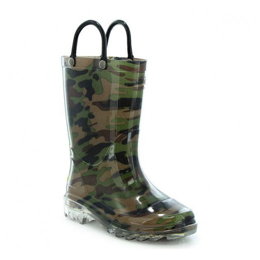 Western Chief Kids Camo Lighted Rain Boots, Green Color, Size 22