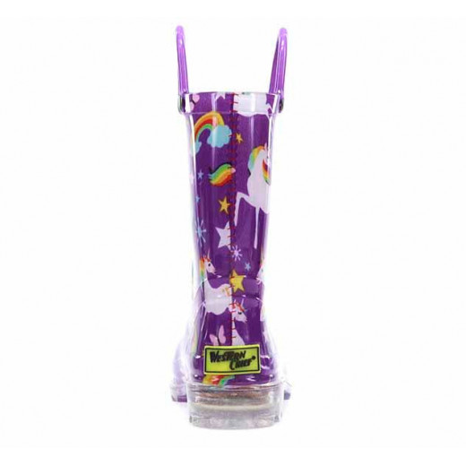 Western Chief Kids Rainbow Unicorn Design Rain Boot, Purple Color, Size 30