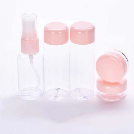 مجموعة زجاجات السفر البلاستيكية، باللون الزهري, 5 قطع