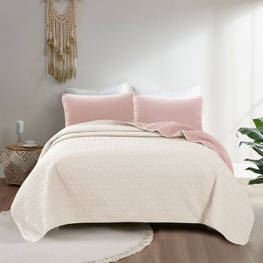 Nova home cross double face bedspread set, rose and ivory color, king size, 4 pieces
