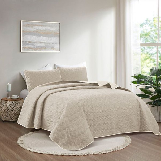 Nova home cross double face bedspread set, beige and ivory color, king size, 4 pieces