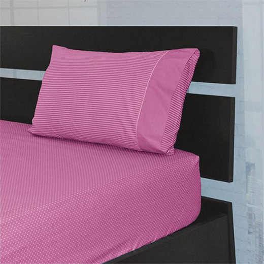 Cannon dots and stripes fitted sheet set, poly cotton, fuchsia color, twin size