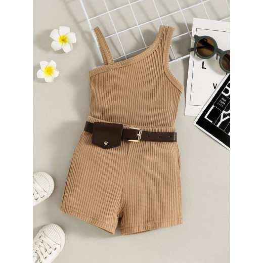 Baby Asymmetrical Neck Tank Top & Shorts & Belt Bag, Brown Color