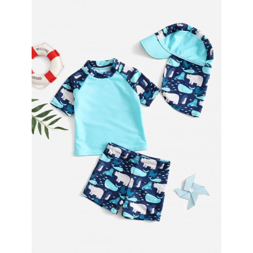 ملابس سباحة  للأولاد مع قبعة, طباعة حيوانات, باللون الأزرق