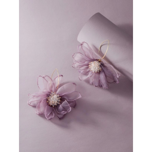 Flower Design Mesh Earrings, Light Purple Color