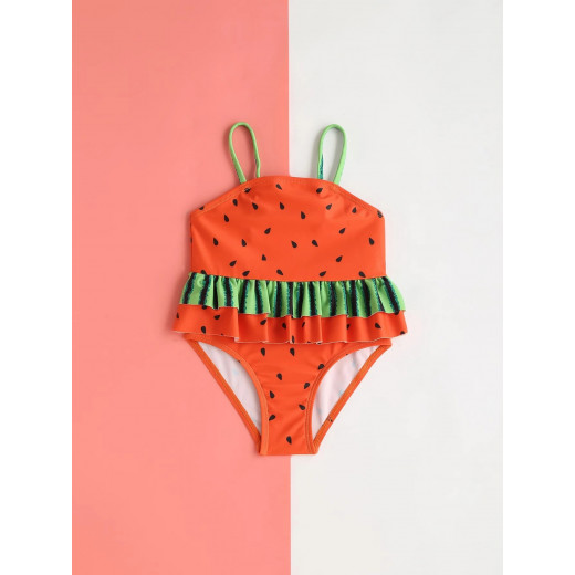 Baby Girl One Piece Swimsuit, Watermelon Print Ruffle Hem, Orange Color