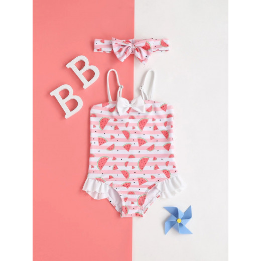 Baby Girl One Piece Swimsuit, Watermelon Design With Headband