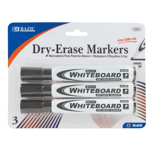Bazic Chisel Tip Dry Erase Markers, Black Color, 3Pack