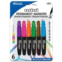 Bazic Fine Tip Mini Permanent Marker Cap Clip, Fancy Colors, 6Pack