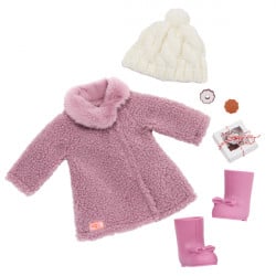 Our Generation Deluxe Sherpa Coat, Knitted Pompom Hat Outfit
