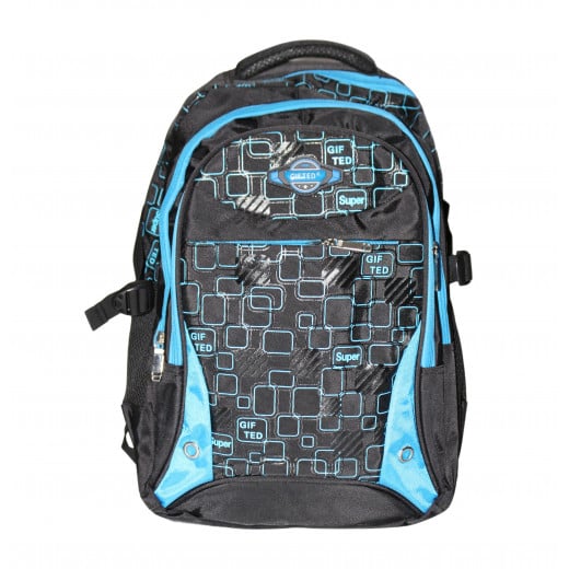 حقيبة مدرسية، بتصميم مربعات صغيرة ، باللون الأسود والأزرق ، 43 سم من أميجو
