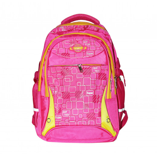 Amigo Gifted School Bag, Small Squares Design, Fuchsia & Yellow Color, 43 Cm
