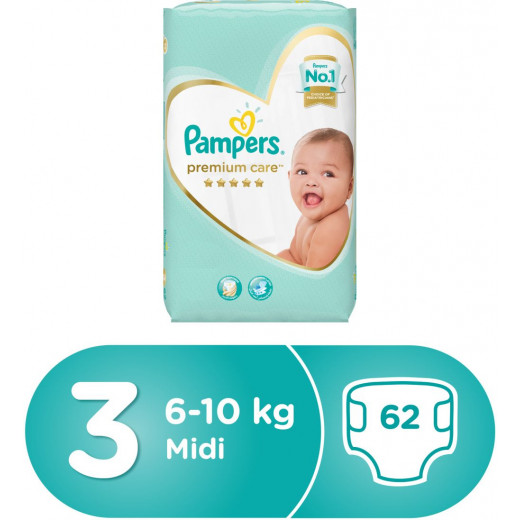 Pampers Premium Care Midi Diapers, Size 3, 1 Value Pack, 6-10 Kg, 62 Count