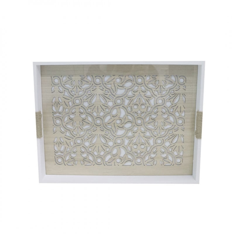 Dumyah Wooden Serving Tray with Glass Insert, White And Beige Color, 30 x 40 x 4.5 Cm Amman