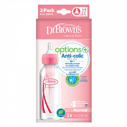 Dr. Brown's Standard-Neck Options Baby Bottle - Pink, 2-Pack,250 Ml