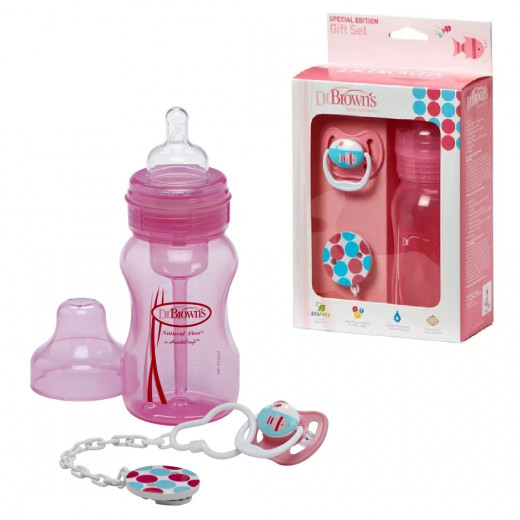 Dr. Brown’s Gift Set (Wide Neck Bottle /Pacifier /Clip) - Pink, 240 ml