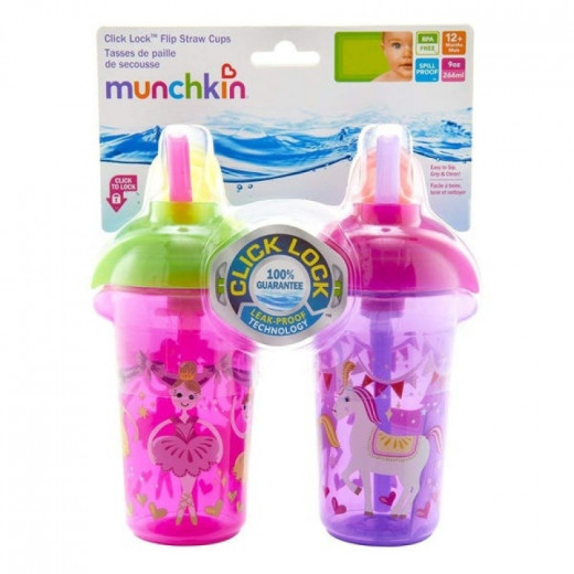 Munchkin Click Lock 9oz Decorated Flip Straw Cup - 2 Pack - Pink&Purple