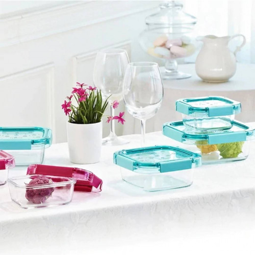 Komax Ice Glass Premium Square Food Storage Container, Blue Color, 380 Ml