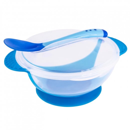 وعاء لتغذية الأطفال مزود بملعقة استشعار مقاومة للانزلاق, باللون الأزرق