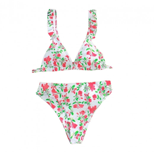 Floral Ruffle Trim Bikini Swimsuit , Small Size