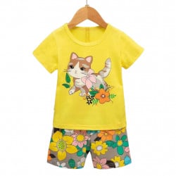 Half Sleeves T-shirt & Short Pants Pajama Set, Cat Design ,6-12month