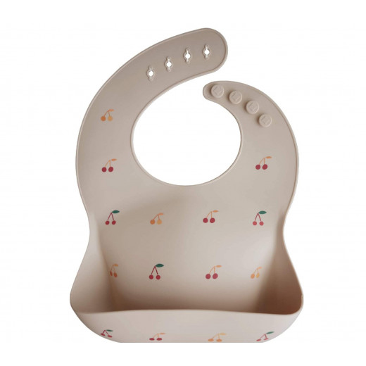 Mushie Silicone Baby Bib, Cherries Design, Light Gold Color