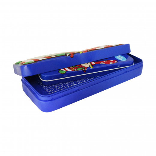 مقلمة ادوات مدرسية معدنية, بتصميم رسومات, باللون الازرق الغامق