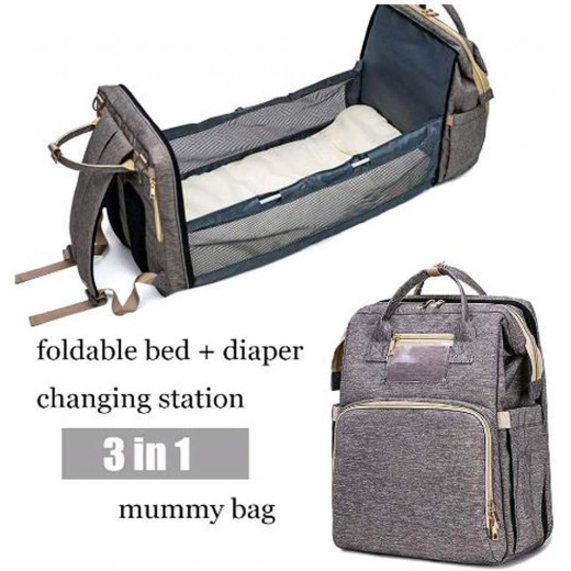 حقيبة حفاظات للاطفال 3 في 1 متعددة الاسخدامات وسرير قابل للطي, باللون الرمادي