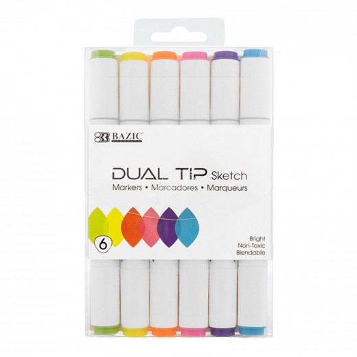 Bazic Dual Tip Sketch Markers 6 Fluorescent Colors