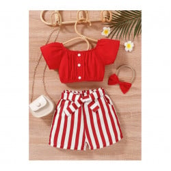 Baby Puff Sleeve Top and Striped Belted Shorts With Headband, Red Color