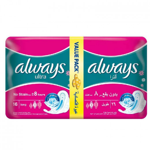 Always Ultra Thin Long Sanitary Pads, 16 Pieces