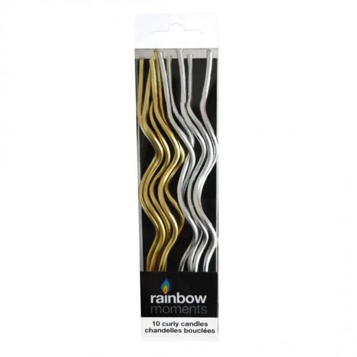 Rainbow Moments Curly Candles: Paraffin Wax, 10-pack Contains 5 Gold, 5 Silver