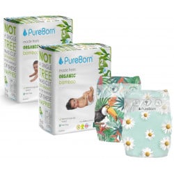 Pure Born Organic Nappies Double Pack, Tropic Design, Size 2, 3-6 Kg, 64 Pieces + Pure Born Organic Nappy Size 3, Daisy Print, 5.5-8 Kg, 56 Nappies, 2-8 Months