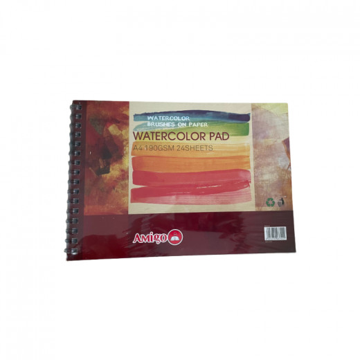 Amigo Watercolor Brushes On Paper, Watercolor Pad A4 190gsm, 24 Sheets